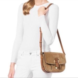 Michael Kors Womens Beige Desert Suede and Leather Romy Messenger Bag Purse